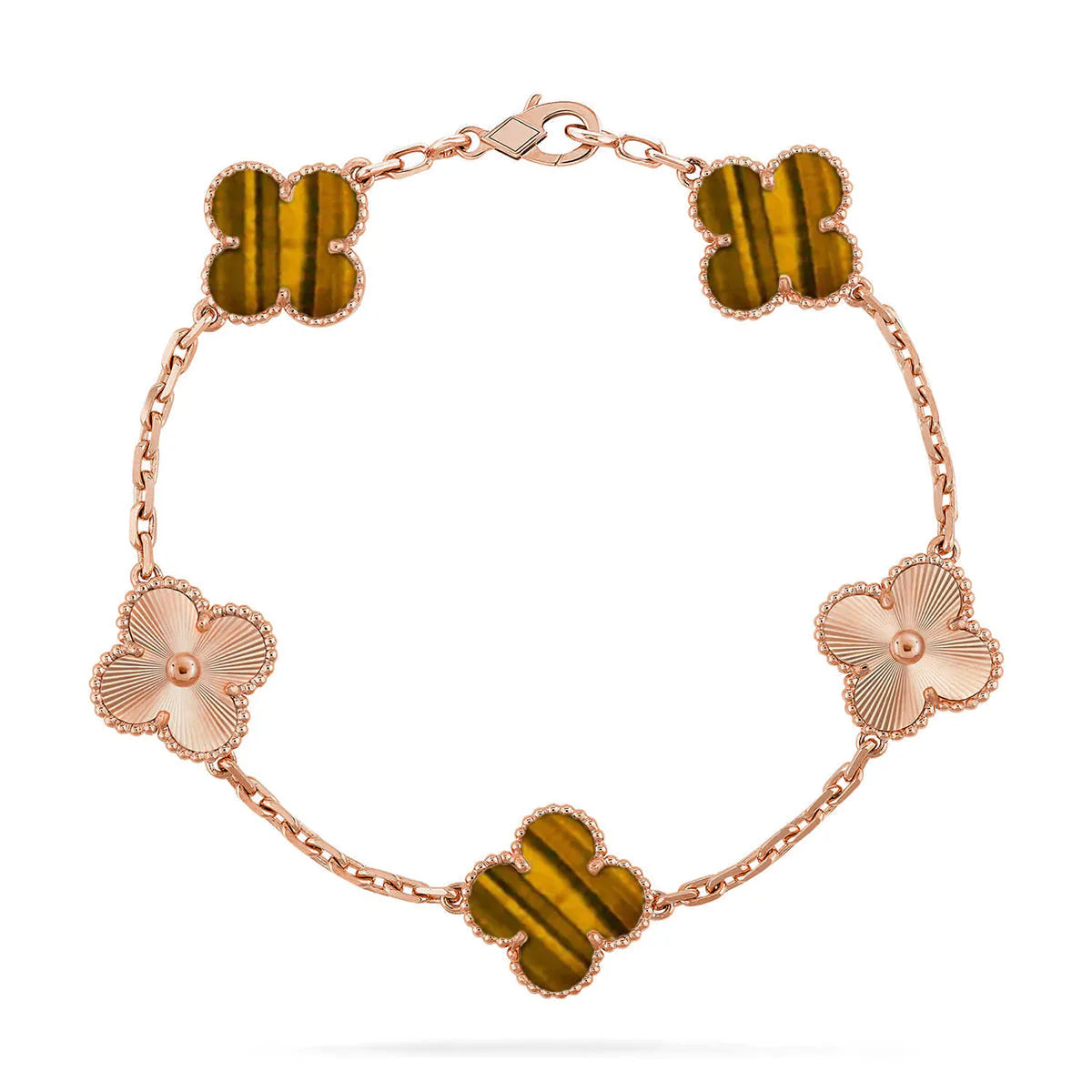 L'amour Four Leaf Clover Bracelet Laser Textured Tiger's Eye Rose Gold