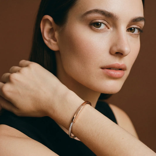 L'amour Lock bracelet Bangle in Rose and White Gold with Half Pavé Diamonds