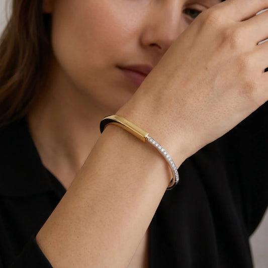 L'amour Lock bracelet Bangle in Yellow and White Gold with Half Pavé Diamonds