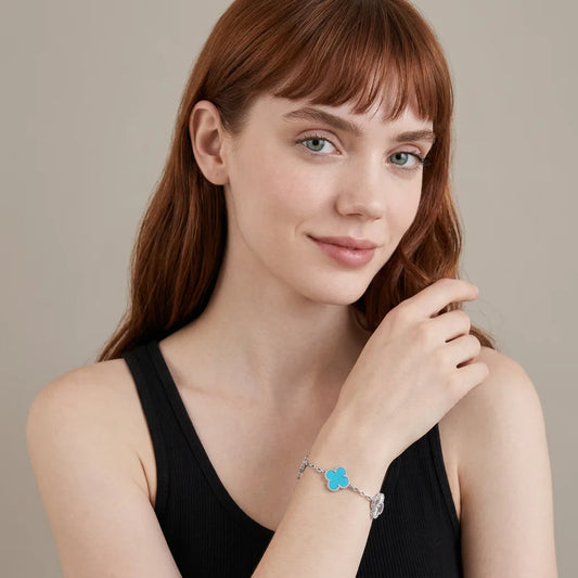 L'amour Four Leaf Clover Bracelet Laser Textured Turquoise White Gold