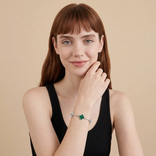 L'amour Four Leaf Clover Bracelet Laser Textured Malachite White Gold