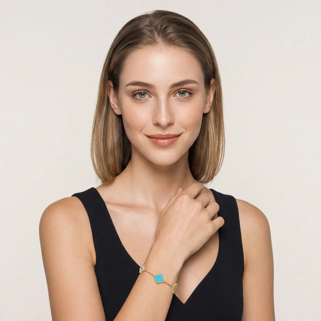 L'amour Four Leaf Clover Bracelet Stone With Diamonds Turquoise Gold