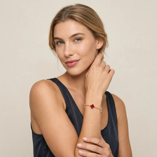 L'amour Four Leaf Clover Bracelet Laser Textured Carnelian Rose Gold