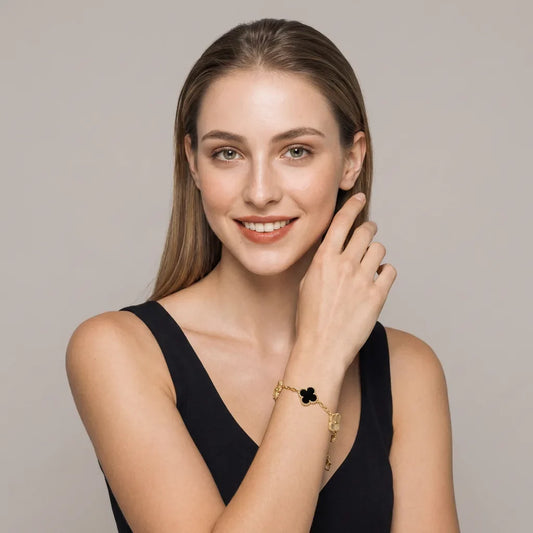 L'amour Four Leaf Clover Bracelet Laser Textured Onyx Gold