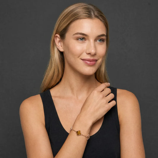 L'amour Four Leaf Clover Bracelet Laser Textured Tiger's Eye Rose Gold