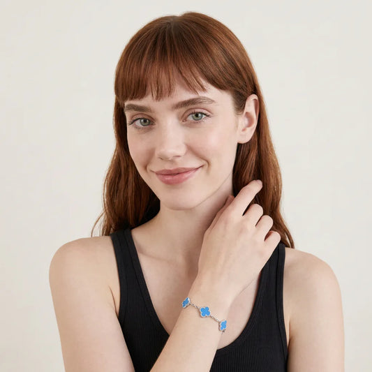 L'amour Four Leaf Clover Bracelet Pure Stone Agate White Gold