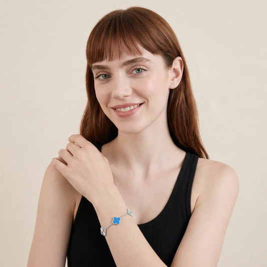 L'amour Four Leaf Clover Bracelet Laser Textured Agate White Gold