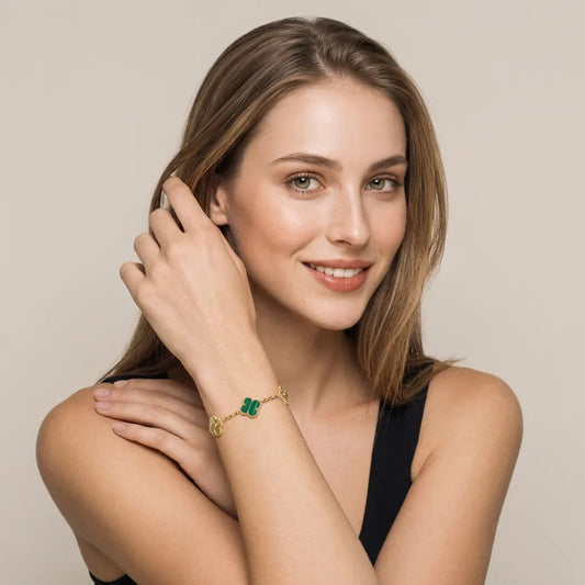 L'amour Four Leaf Clover Bracelet Laser Textured Malachite Gold
