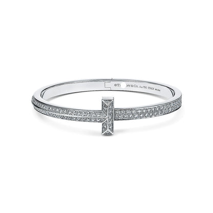 18K T1 Wide Full Diamond Hinged Bangle Bracelet