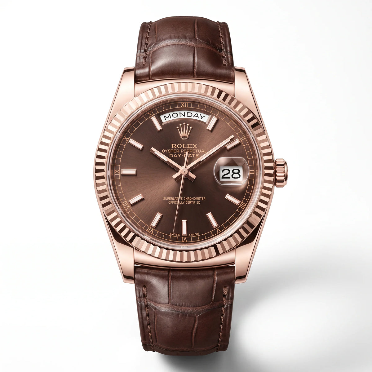 Vandor Day-date Everose Gold President Chocolate Dial Leather Strap Men’s Watch | RL 38 128135