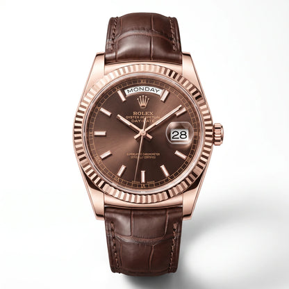 Vandor Day-date Everose Gold President Chocolate Dial Leather Strap Men’s Watch | RL 38 128135