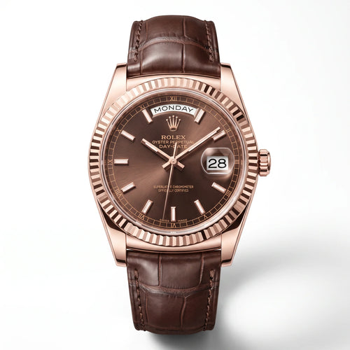 Vandor Day-date Everose Gold President Chocolate Dial Leather Strap Men’s Watch | RL 38 128135