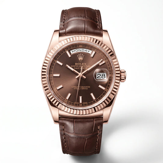 Vandor Day-date Everose Gold President Chocolate Dial Leather Strap Men’s Watch | RL 38 128135