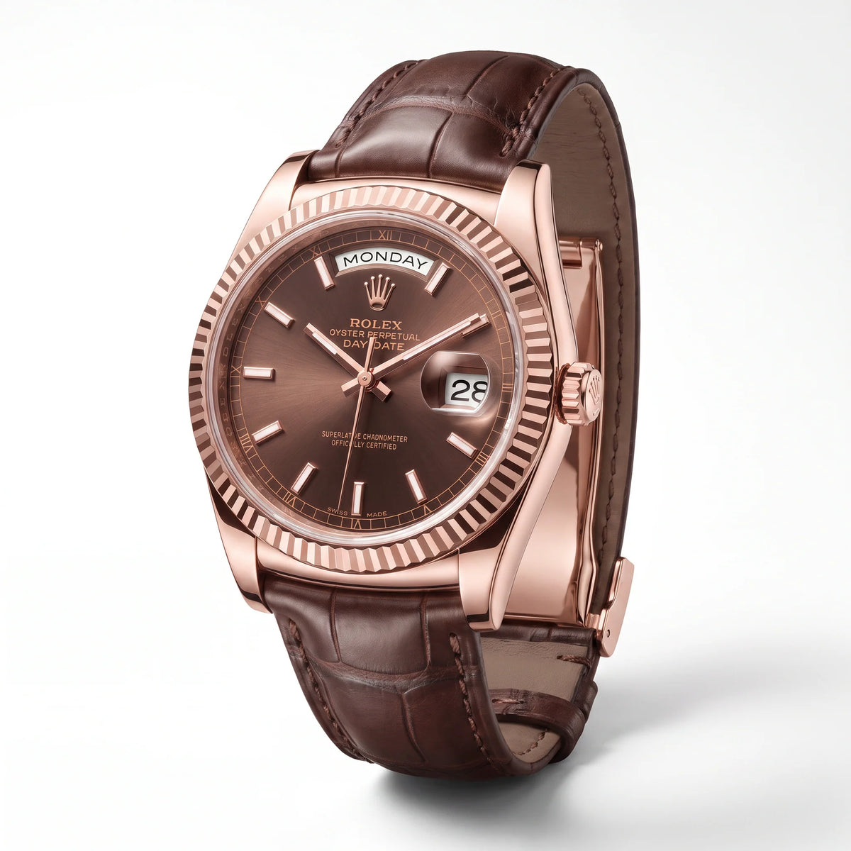 Vandor Day-date Everose Gold President Chocolate Dial Leather Strap Men’s Watch | RL 38 128135