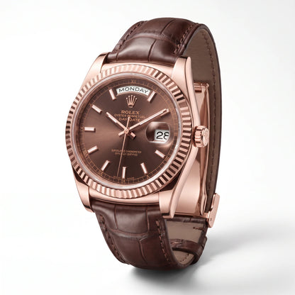 Vandor Day-date Everose Gold President Chocolate Dial Leather Strap Men’s Watch | RL 38 128135