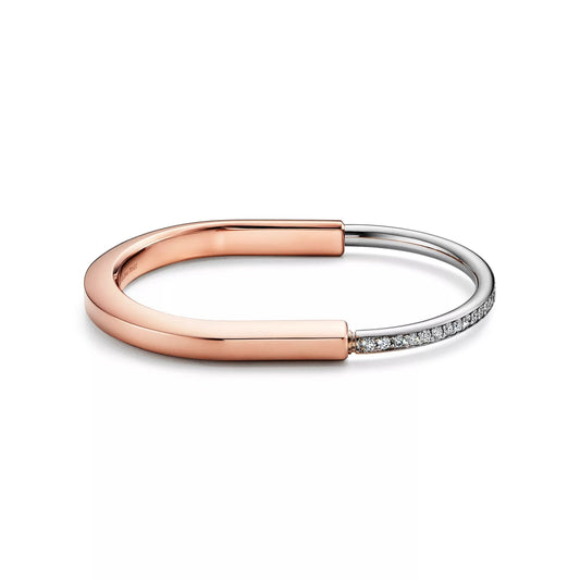 L'amour Lock bracelet Bangle in Rose and White Gold with Half Pavé Diamonds