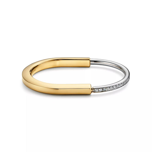 L'amour Lock bracelet Bangle in Yellow and White Gold with Half Pavé Diamonds