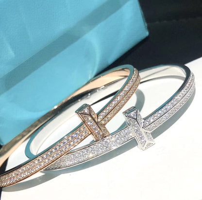 18K T1 Wide Full Diamond Hinged Bangle Bracelet