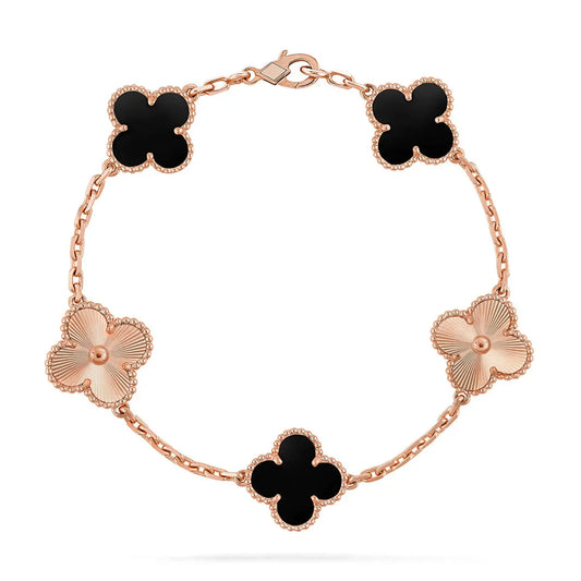 L'amour Four Leaf Clover Bracelet Laser Textured Onyx Rose Gold