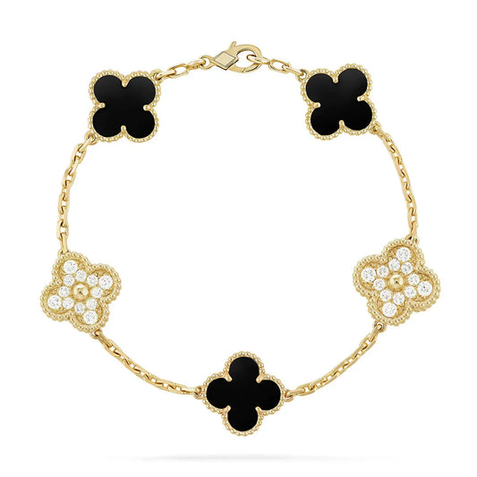 L'amour Four Leaf Clover Bracelet Stone With Diamonds Onyx Gold