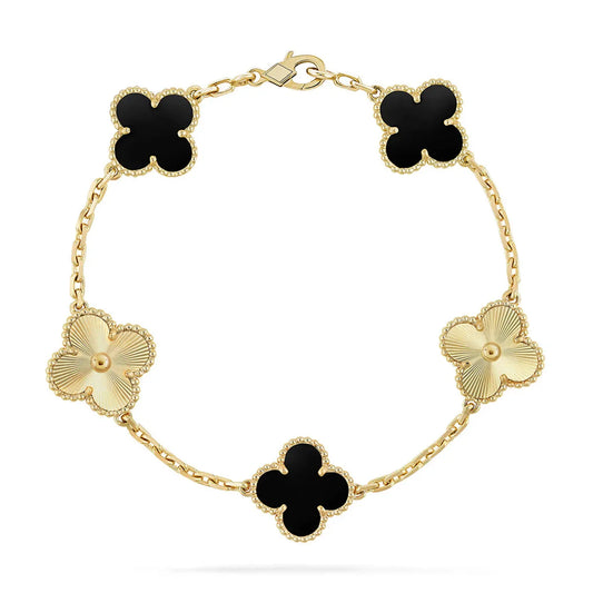 L'amour Four Leaf Clover Bracelet Laser Textured Onyx Gold