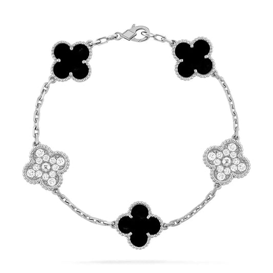 L'amour Four Leaf Clover Bracelet Stone With Diamonds Onyx White Gold
