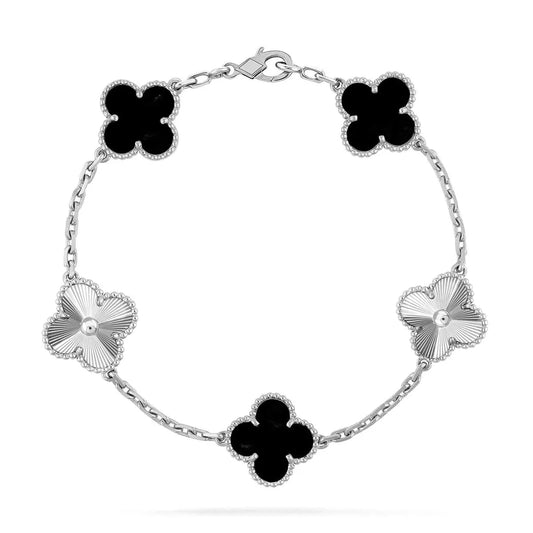 L'amour Four Leaf Clover Bracelet Laser Textured Onyx White Gold