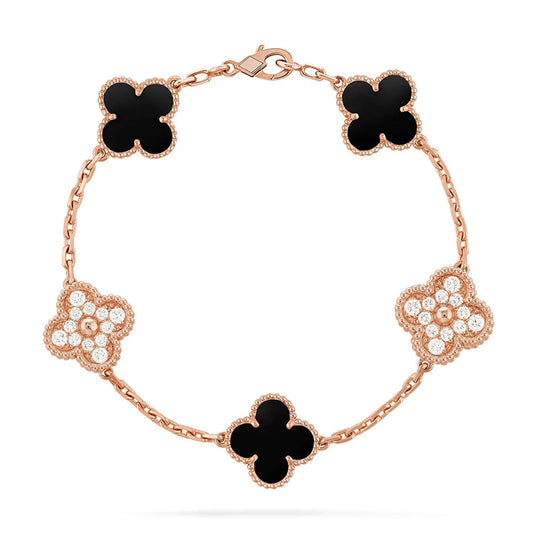 L'amour Four Leaf Clover Bracelet Stone With Diamonds Onyx Rose Gold