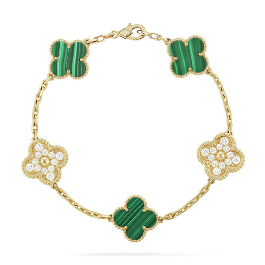 L'amour Four Leaf Clover Bracelet Stone With Diamonds Malachite Gold