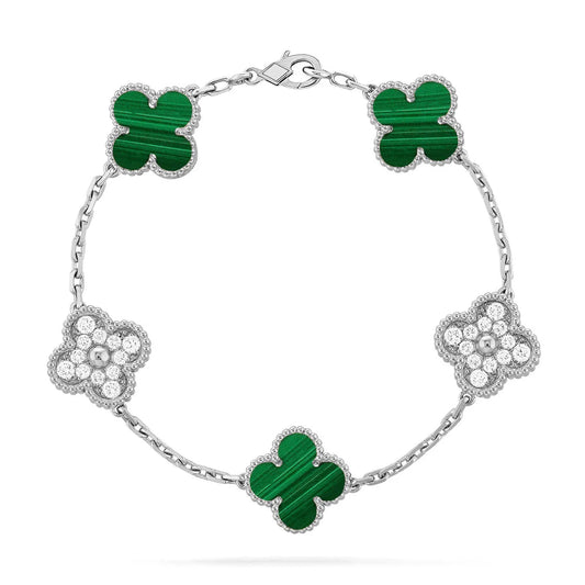 L'amour Four Leaf Clover Bracelet Stone With Diamonds Malachite White Gold