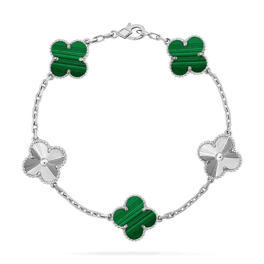 L'amour Four Leaf Clover Bracelet Laser Textured Malachite White Gold