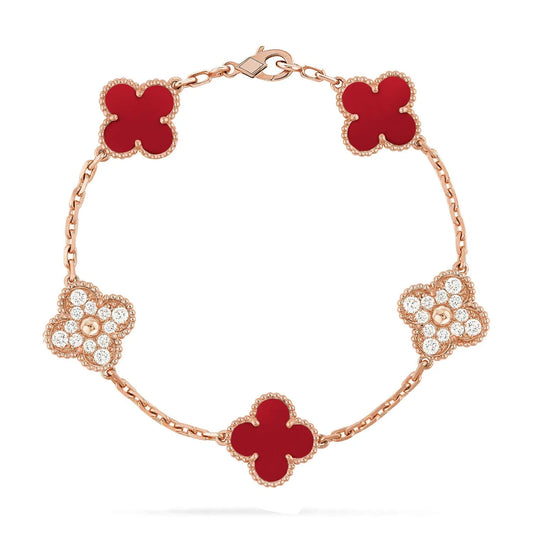 L'amour Four Leaf Clover Bracelet Stone With Diamonds Carnelian Rose Gold