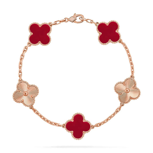 L'amour Four Leaf Clover Bracelet Laser Textured Carnelian Rose Gold
