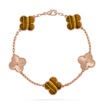 L'amour Four Leaf Clover Bracelet Laser Textured Tiger's Eye Rose Gold