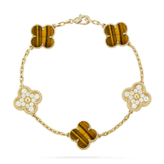 L'amour Four Leaf Clover Bracelet Stone With Diamonds Tiger's Eye Gold