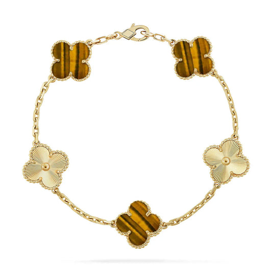 L'amour Four Leaf Clover Bracelet Laser Textured Tiger's Eye Gold