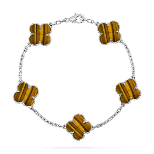 L'amour Four Leaf Clover Bracelet Pure Stone Tiger's Eye White Gold