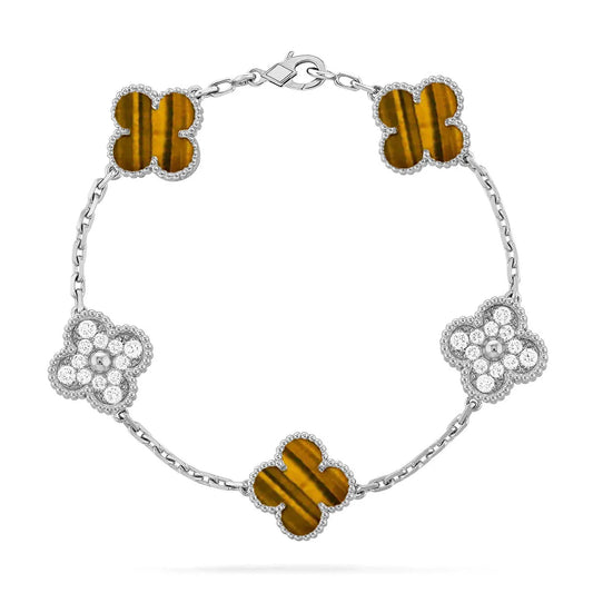L'amour Four Leaf Clover Bracelet Stone With Diamonds Tiger's Eye White Gold