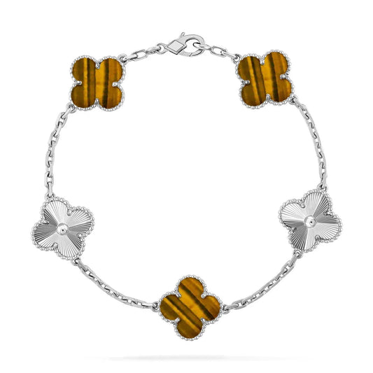 L'amour Four Leaf Clover Bracelet Laser Textured Tiger's Eye White Gold
