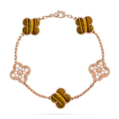 L'amour Four Leaf Clover Bracelet Stone With Diamonds Tiger's Eye Rose Gold