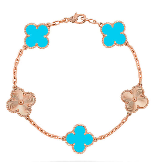 L'amour Four Leaf Clover Bracelet Laser Textured Turquoise Rose Gold