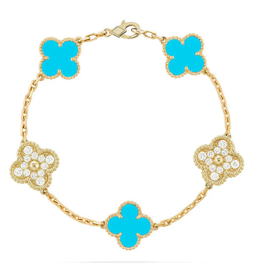 L'amour Four Leaf Clover Bracelet Stone With Diamonds Turquoise Gold