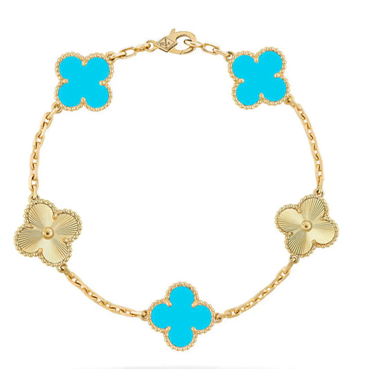 L'amour Four Leaf Clover Bracelet Laser Textured Turquoise Gold
