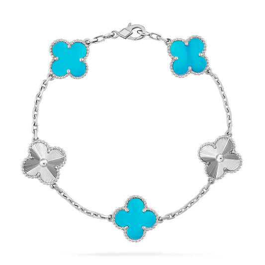 L'amour Four Leaf Clover Bracelet Laser Textured Turquoise White Gold