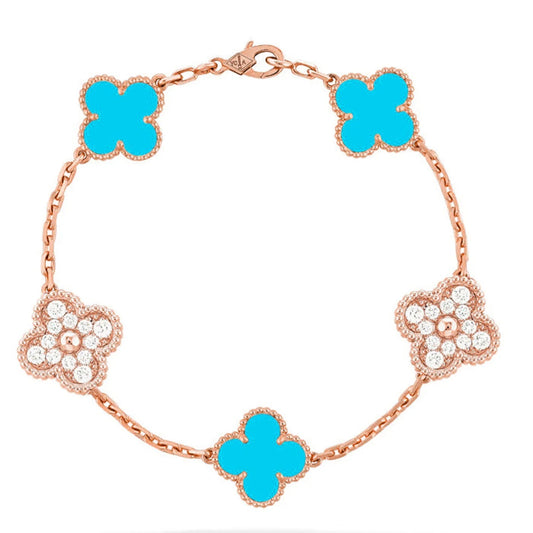 L'amour Four Leaf Clover Bracelet Stone With Diamonds Turquoise Rose Gold