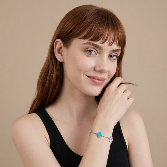L'amour Four Leaf Clover Bracelet Stone With Diamonds Turquoise White Gold