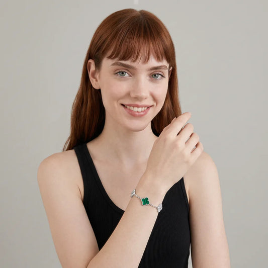 L'amour Four Leaf Clover Bracelet Stone With Diamonds Malachite White Gold