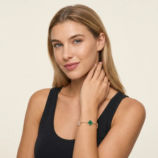 L'amour Four Leaf Clover Bracelet Stone With Diamonds Malachite Rose Gold