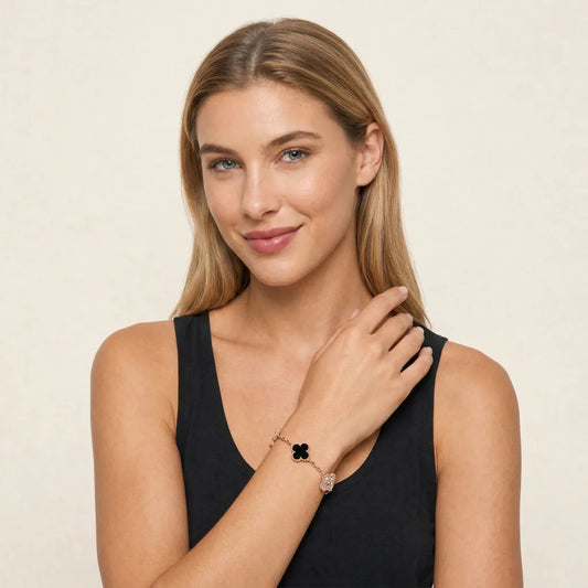 L'amour Four Leaf Clover Bracelet Stone With Diamonds Onyx Rose Gold