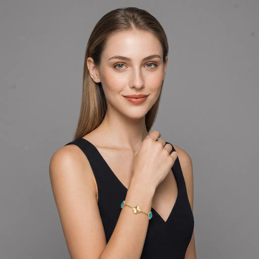 L'amour Four Leaf Clover Bracelet Laser Textured Turquoise Gold